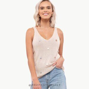 NWT Blu Pepper Women's V-Neck Pompom Knit Sweater Tank Sz Medium, Beige Multi